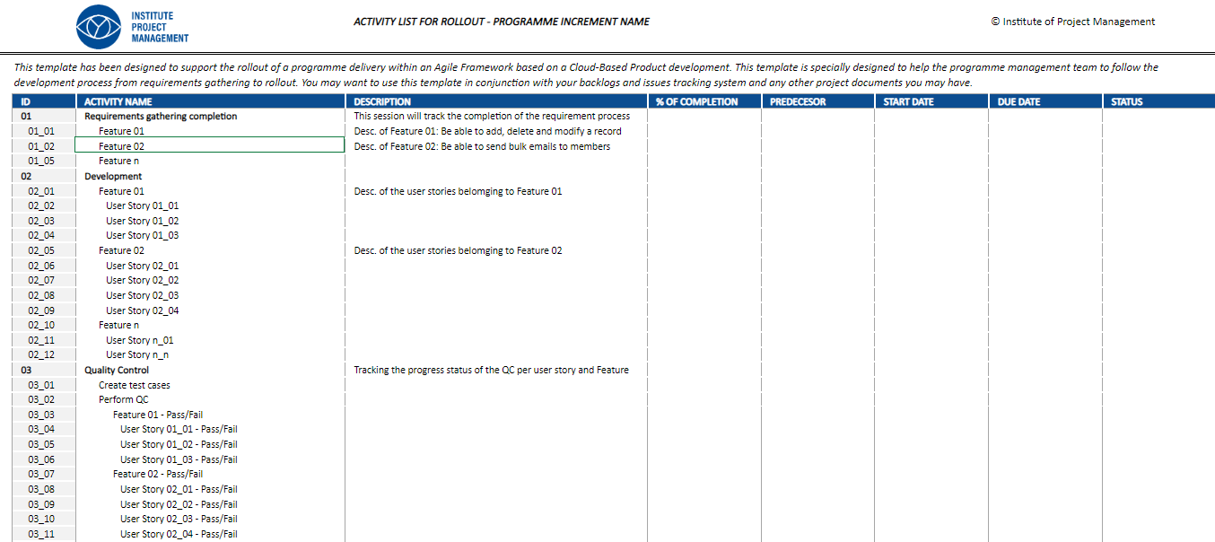 Activity List for Programme Increment Rollout Template