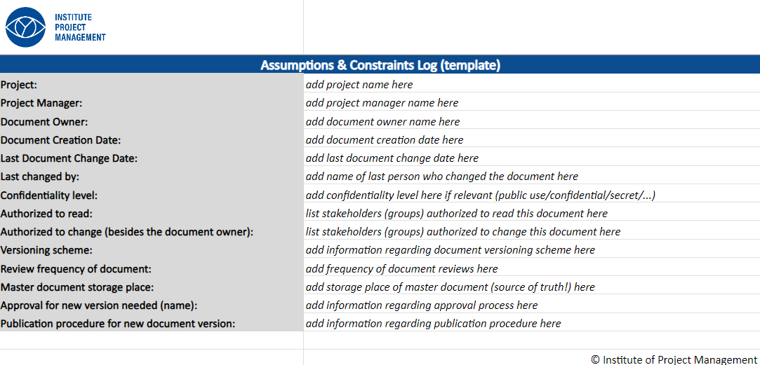 Assumption and Constraints Log - Template