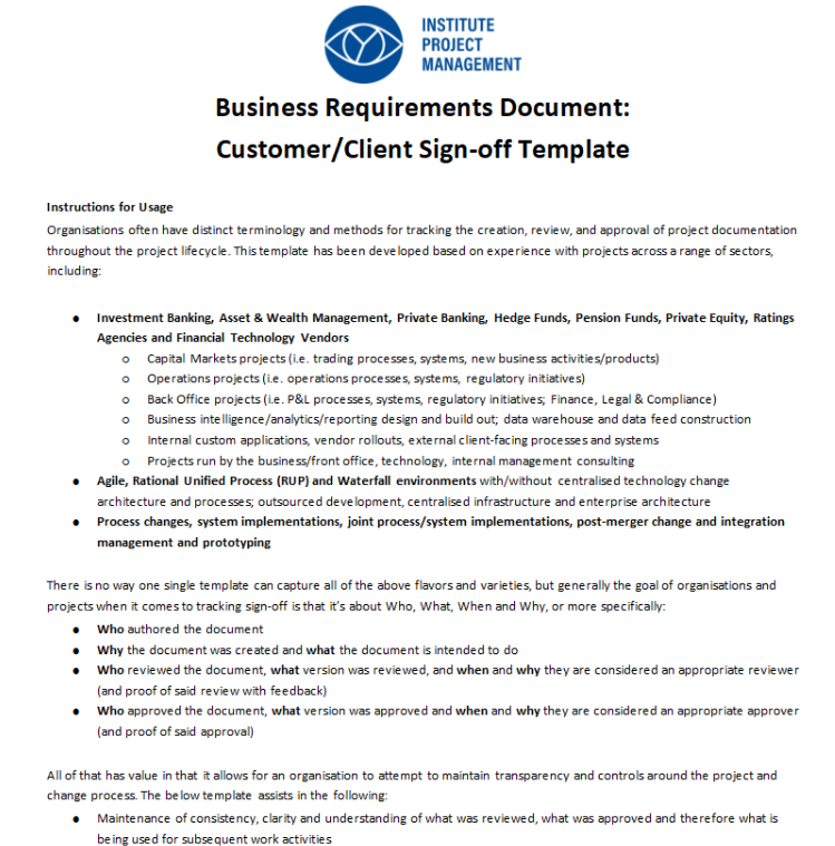 Business Requirements Document:
Customer/Client Sign-off Template